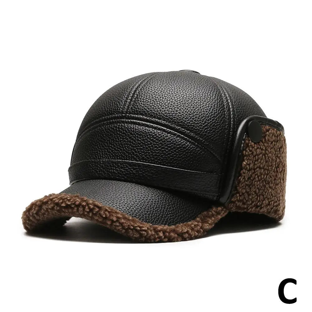 NEW Pu Leather Baseball Cap Men Winter Warm Hat Dad Grandpa Thermal Hat Thick Warm Leather Hat Old Man Ear Protection Cap Qme brown One size