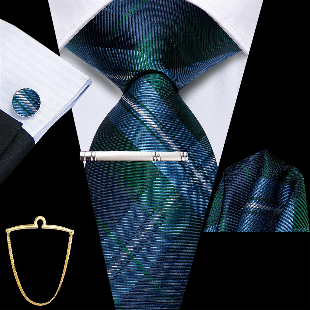 Hi-Tie Men's Smart Business Tie Set 5 Pcs - Striped Tie, Handkerchief, Cufflinks, Lapel Clip, Chain Qme QQ-HT-N-0201