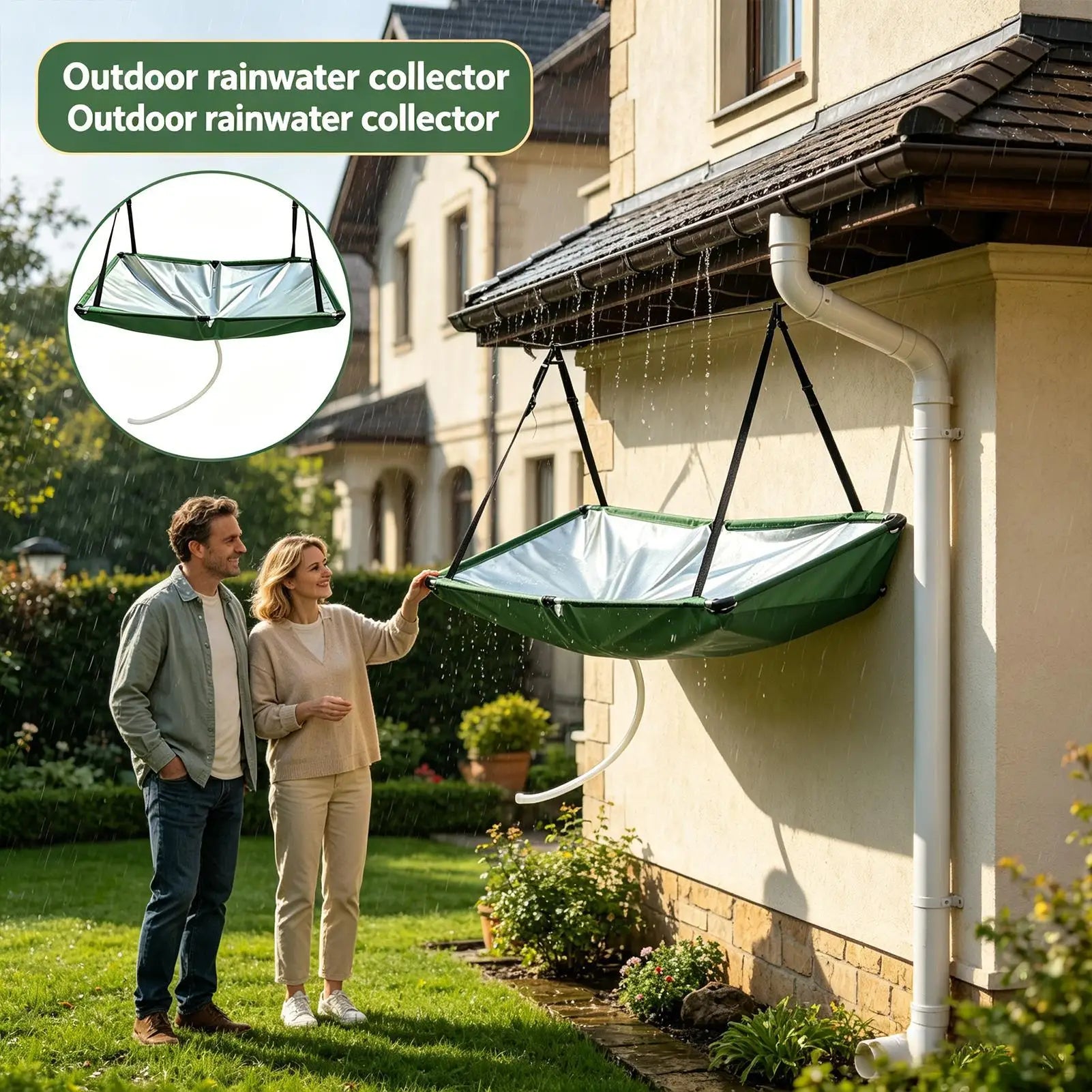 Outdoor rainwater harvester, water guide, rainwater collection device, hanging rainwater collection cover with 1m water hose Qme