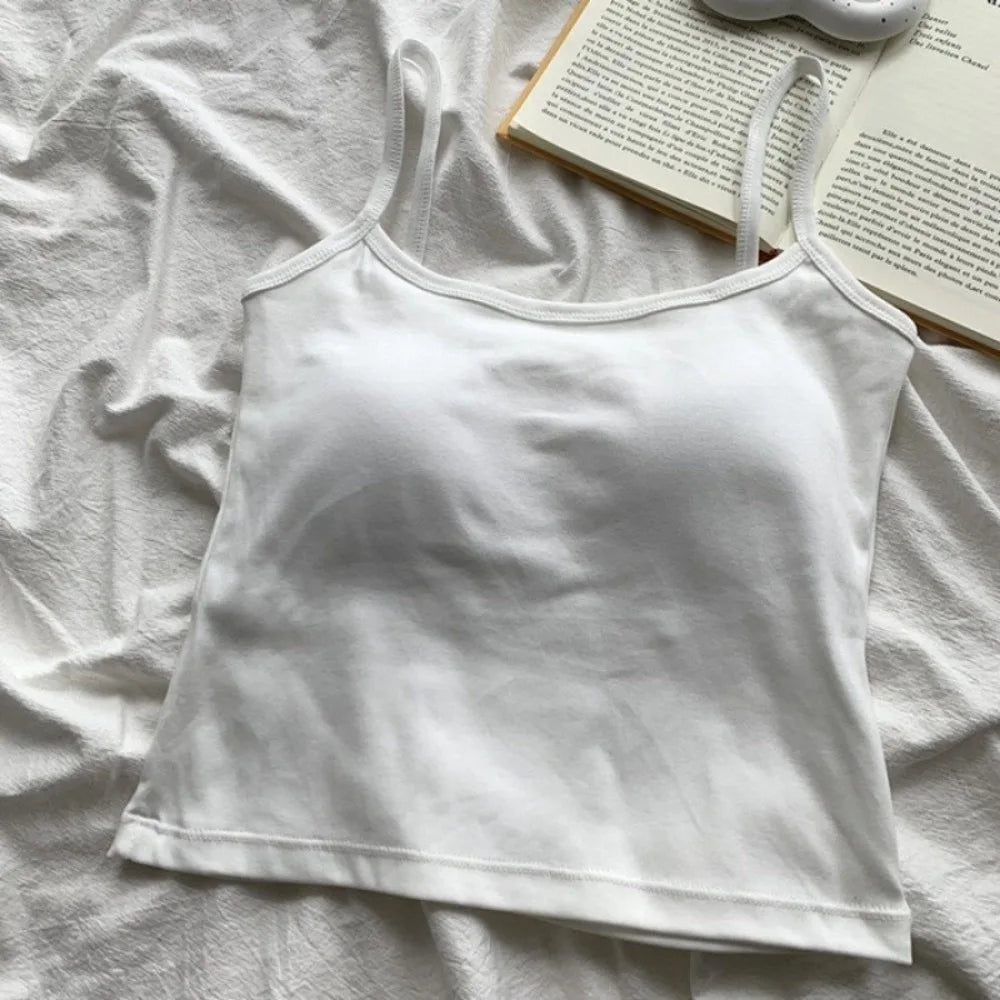 Tank Top Simple Spaghetti Straps Camisole Korean Style Cotton Slim Crop Top Solid Color Bottoming Shirt Sling Vest Women Qme White One Size