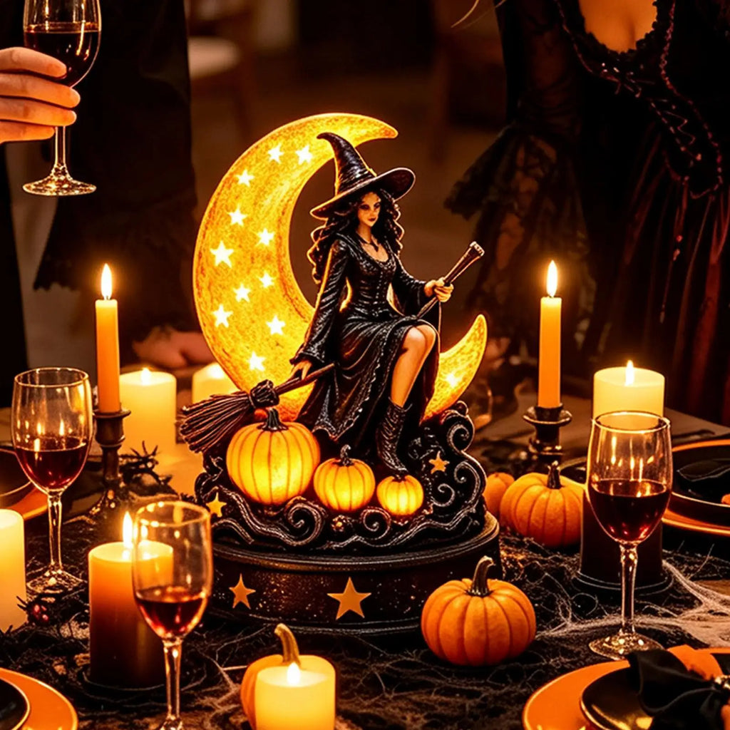 Halloween Table Lamp Gothic Spooky Plug-in LED Light Witch Figurine Qme