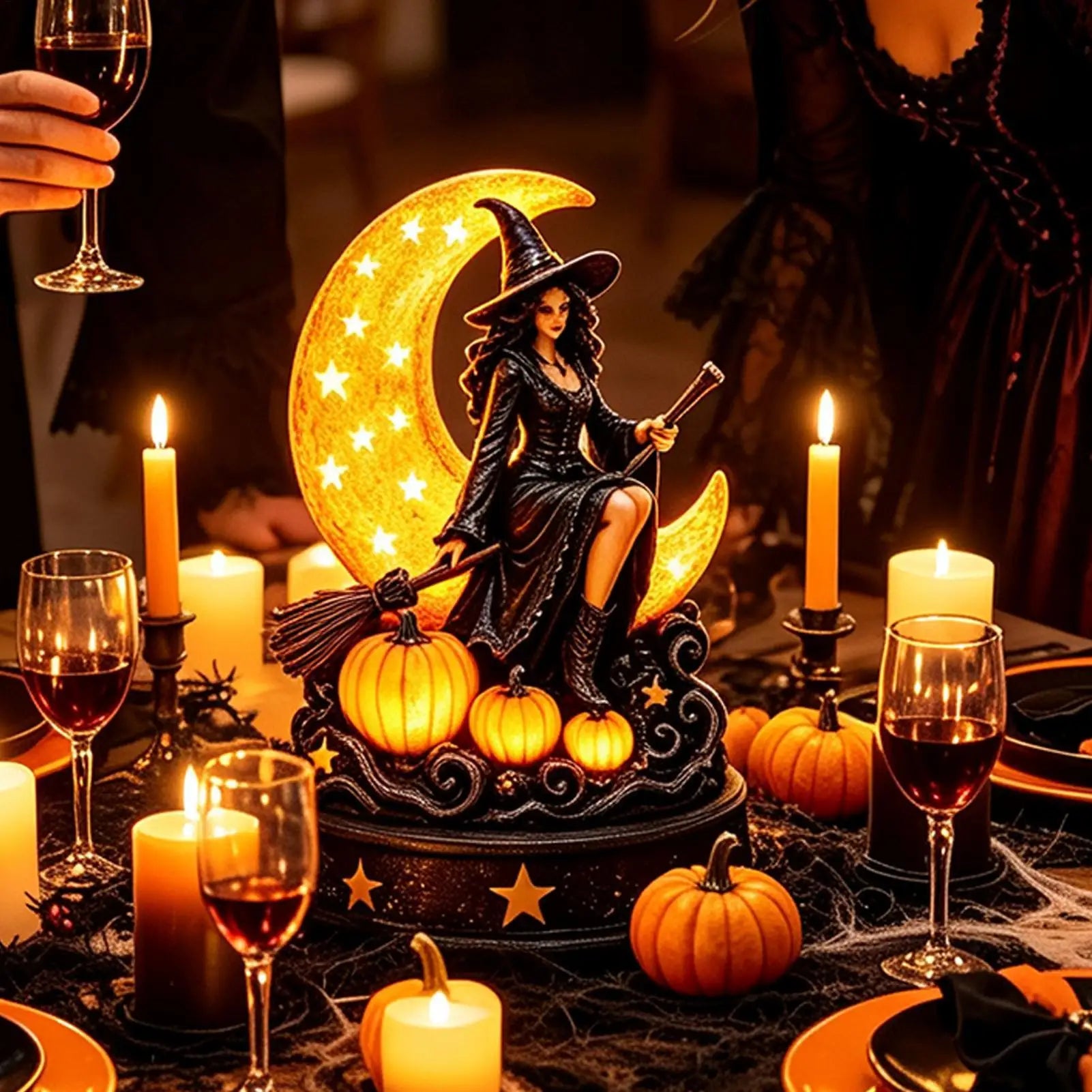 Halloween Table Lamp Gothic Spooky Plug-in LED Light Witch Figurine Qme