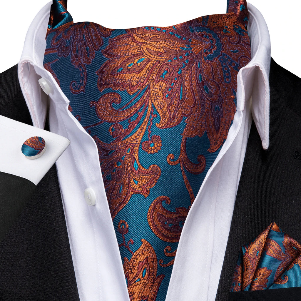 Mens Blue Floral Stripes Cravat Ascot Pocket Square Cufflinks Wedding Qme LDAS1193