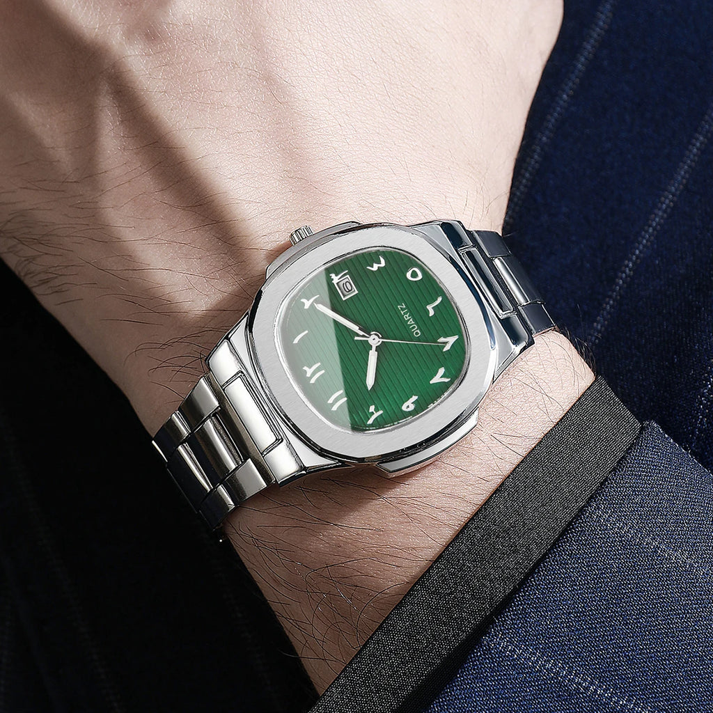 Men's Silver Watch Jewelry Set, 2Pcs Green Dial Arabic Numeral Watch + Cross Ring, Minimalist Casual Style Qme