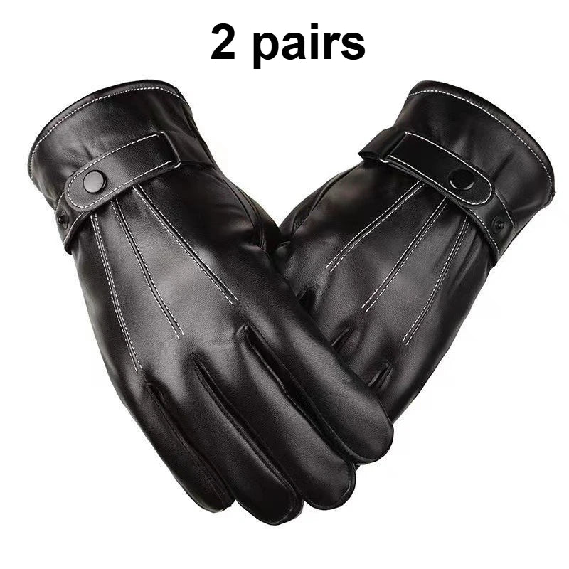 Men Winter PU Leather Gloves Touchscreen Warm Waterproof Gloves For Driving Cycling Qme 2 pairs