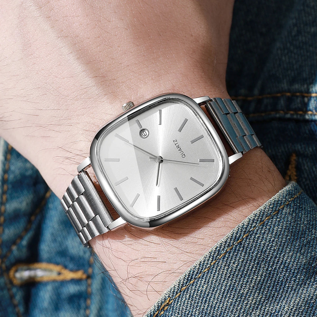 Steel strap watch, retro silver square watch, calendar, high-end feel, men's and women's commuting watch Qme