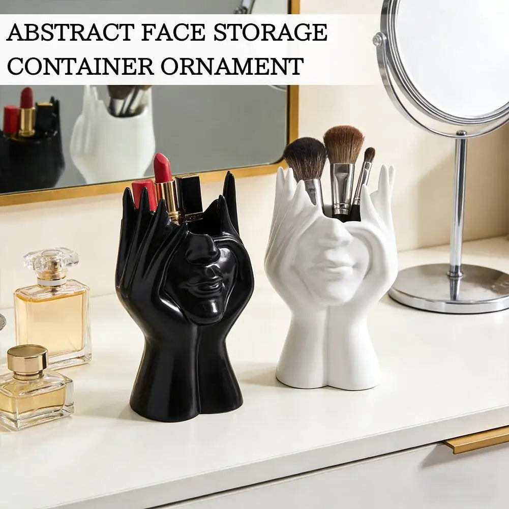 Pen Holder & Desk Decor White Abstract Face Sculpture with Hands, Modern Office Desktop Organizer for Pens, Makeup Brushes Qme