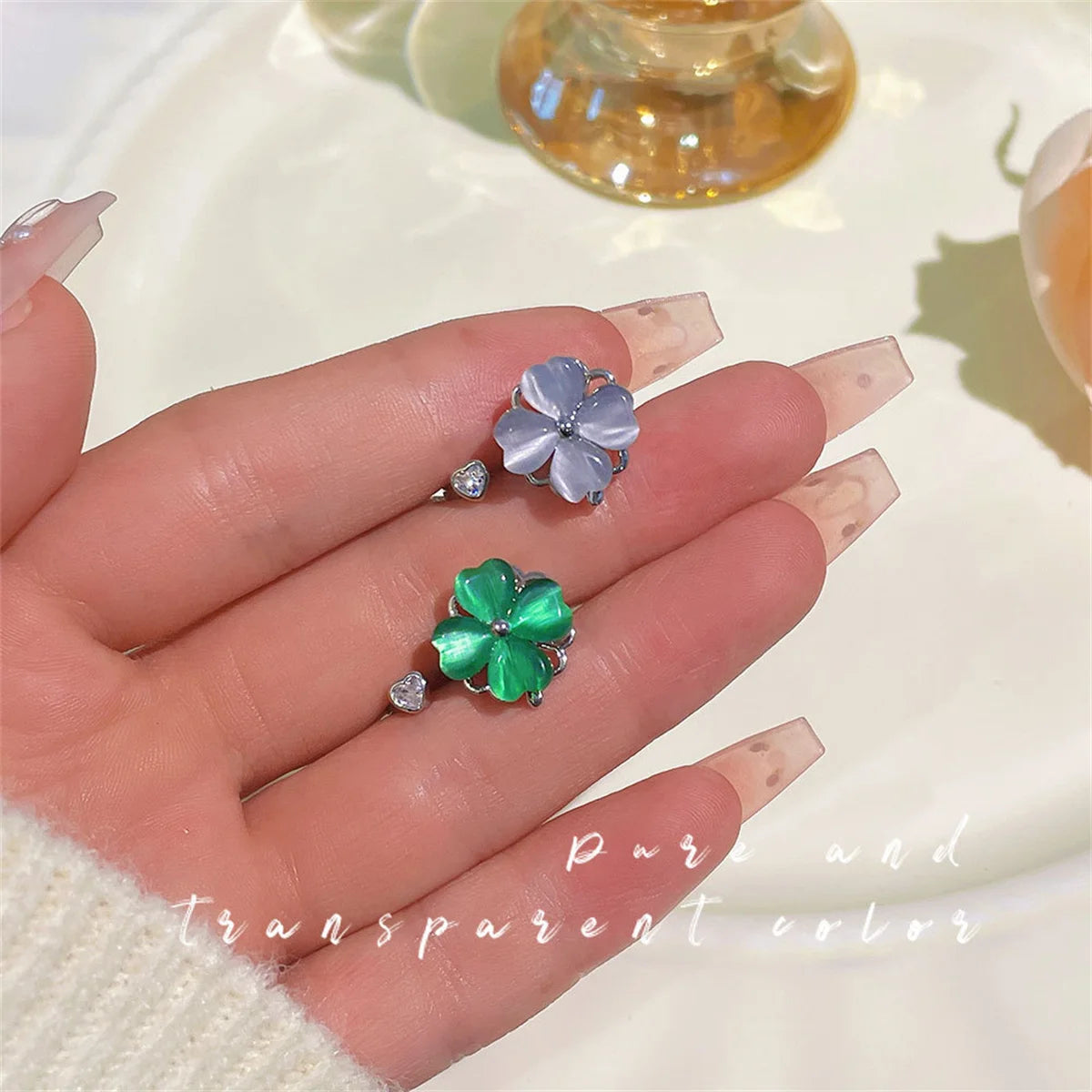 Cute Romantic Purple Four Leaf Zircon Flower Adjustable Rings for Women New Charm Gold Color Stainless Steel Finger Jewelry Gift Qme