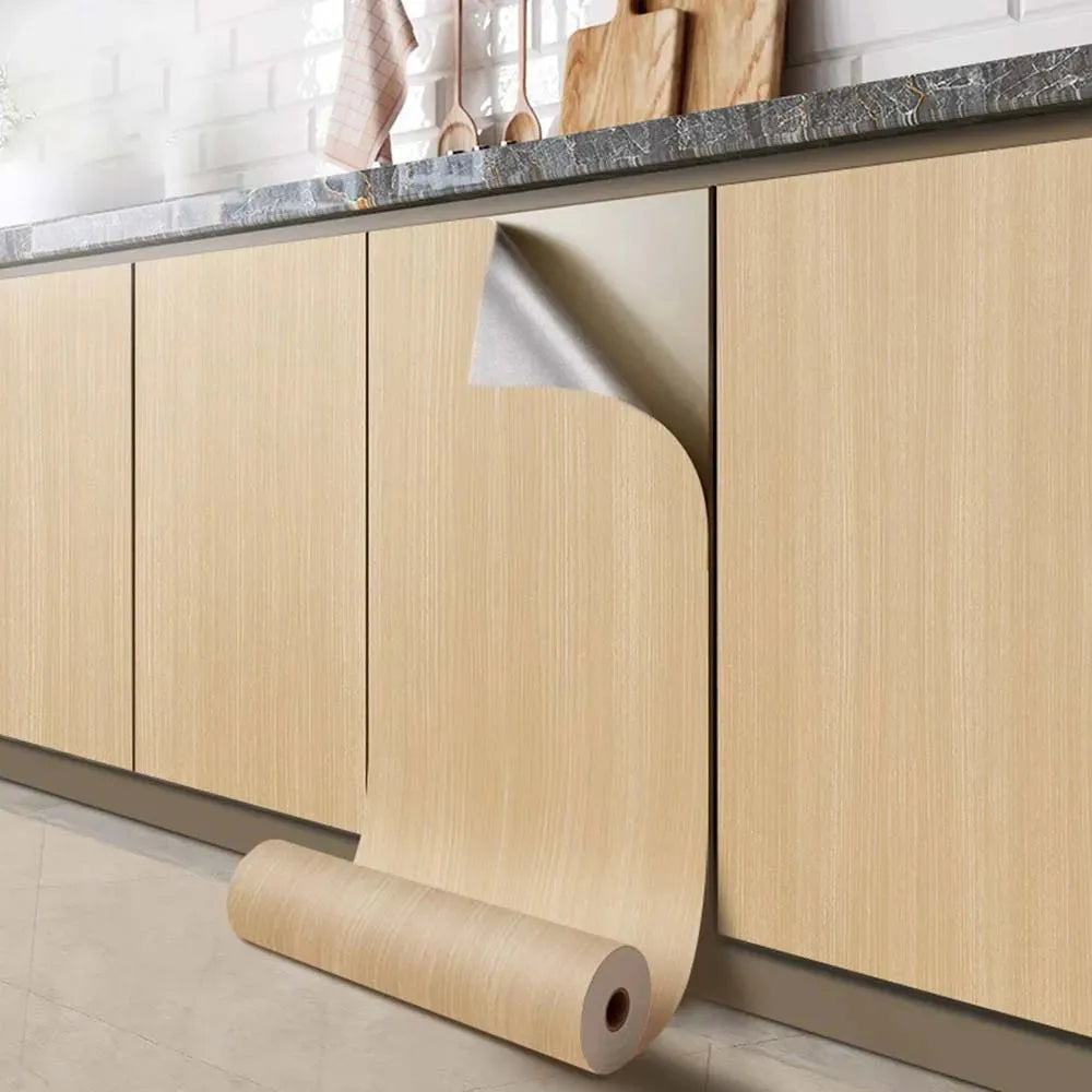 Self-Adhesive Wallpaper Wardrobe Waterproof Vinyl Solid Color Wood Grain Bedroom Cabinet Furniture Door Renovation Wall Sticker Qme