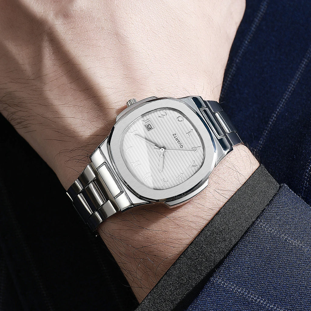 Men's Casual Silver Jewelry Set, Silver Dial Arabic Numeral Quartz Watch with Stainless Steel Band and Cross Cutout Ring Qme