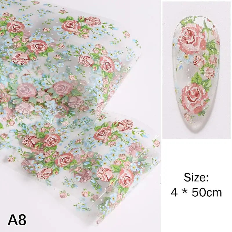 Flower Nail Transfer Foil Rose Floral Art Sticker Paper DIY Manicure Qme A8