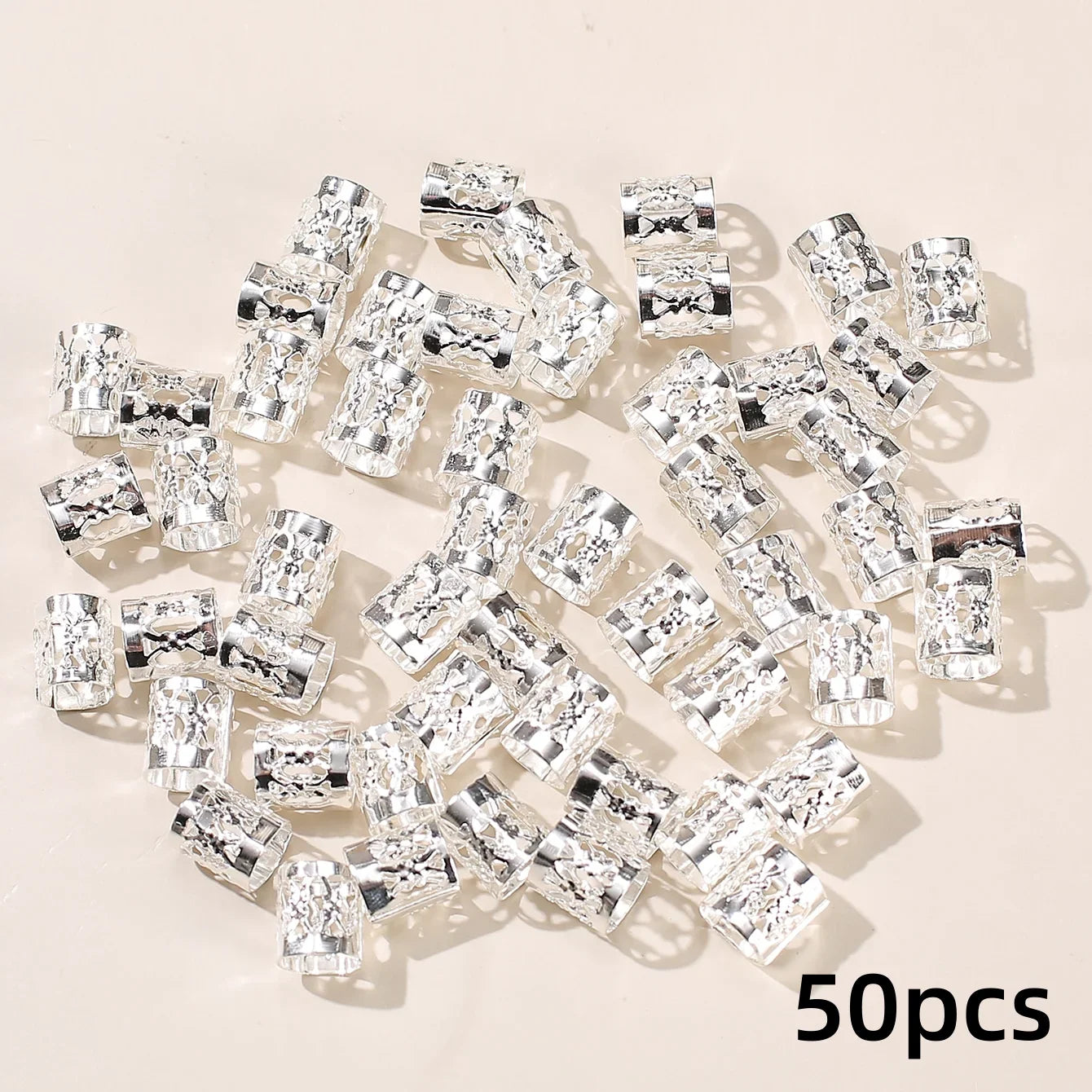 Metal Hollow Hair Rings Beads Braid Clips Dreadlock Cuffs Braiding Qme Silver 50Pcs
