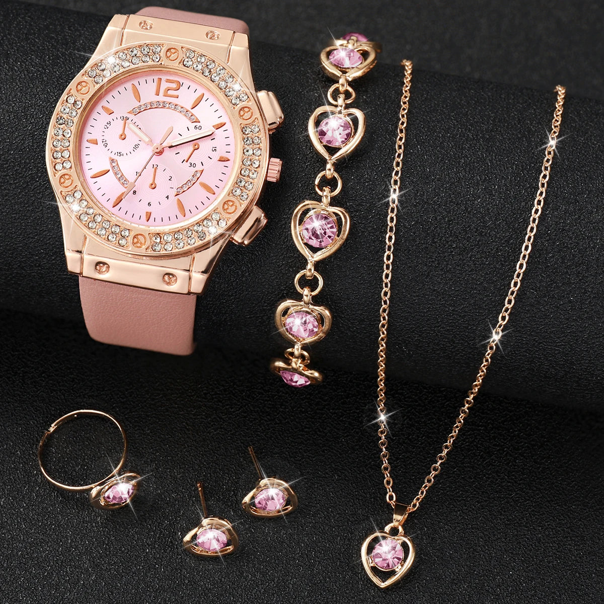 6PCS/Set Fashion Rhinestone Women's Watch Leather Band Analog Quartz Watches Heart Jewelry Set（Without Box） Qme A No
