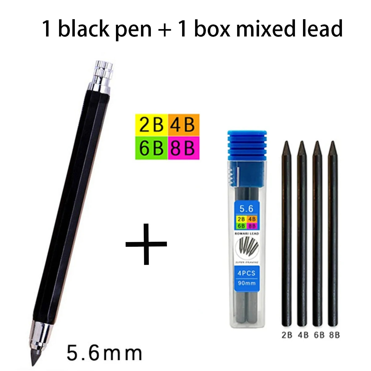 Metal Mechanical Pencil 5.6mm 2B/4B/6B/8B Pencil Refill, For Architect Writing Drafting Art Engineering Painting Sketch Design Qme 1black 1 mixed lead