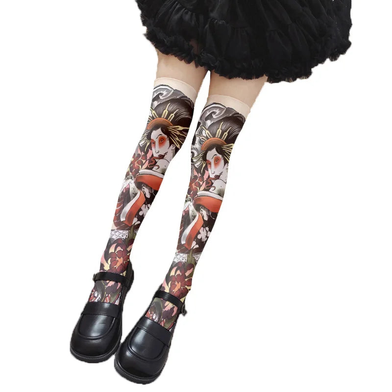 Sexy Long Tube Thigh-high Stockings Imitation Tattoo Pattern Velvet Qme style3 75cm