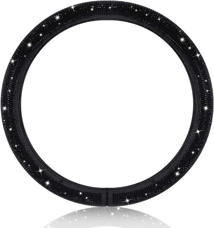 Universal Steering Wheel Cover with Black Crystal Rhinestones Car Breathable Anti-Slip Wheel Protector Fit 14.2-15 inch Qme black