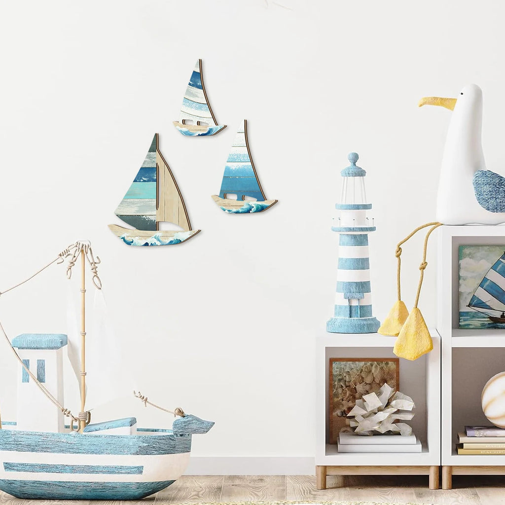 1 set of 2D blue ocean style sailboat wooden wall decoration, seaside vacation style farmhouse wall decoration, home decoration Qme