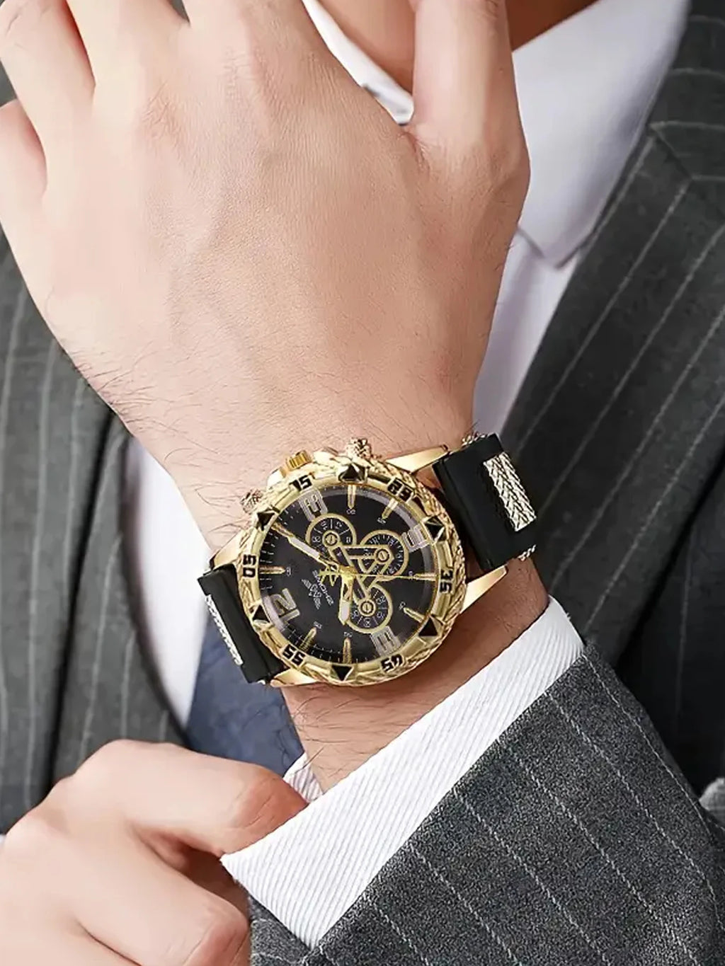 3pcs Large dial fake three-eye stylish quartz watch for men, business and casual, fashionable and cool men's watch Qme