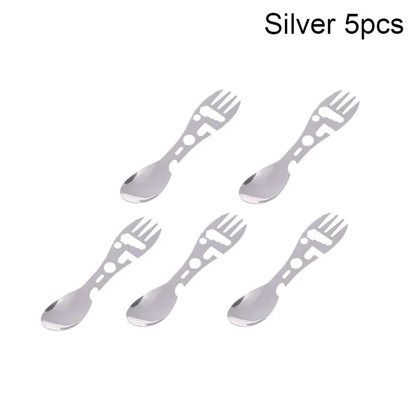 1 Camping Utensils Stainless Steel Outdoor Survival Gear Travel Qme 5Pcs Silver