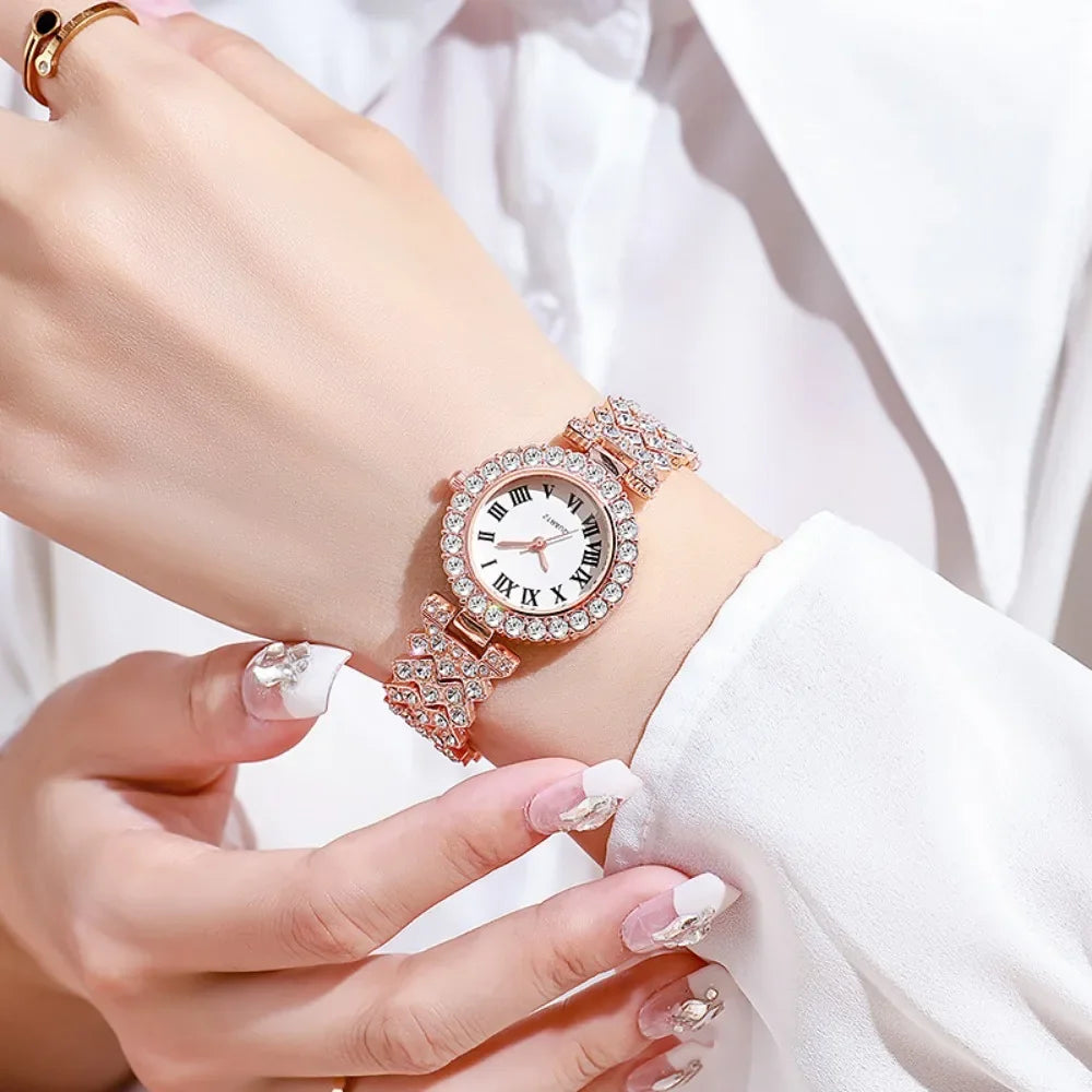 2026 5pcs Elegant Rhinestone Women Watches Fashion Roma Dial Bracelet Band Quartz Wristwatch Jewelry Set Reloj Mujer（Without Box Qme