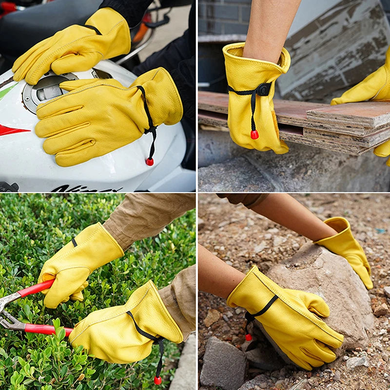 Yellow Cowhide Safety Gloves Heavy Duty Stretchable Welding Driving Qme