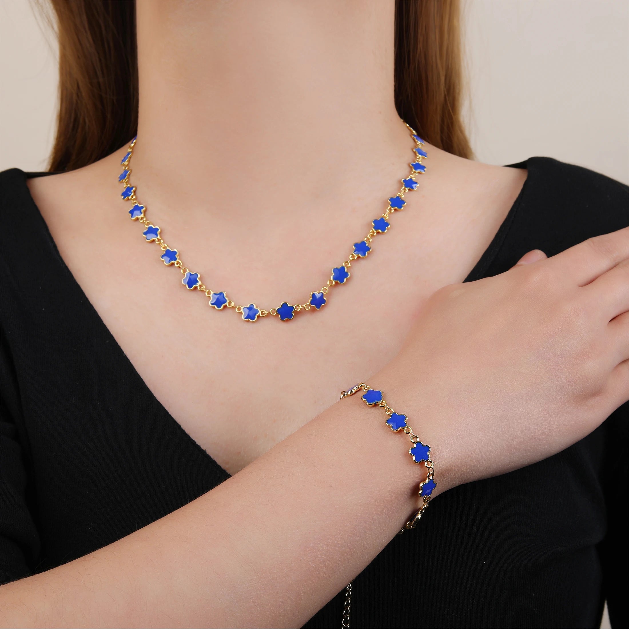 Classic 7 Color Copper Drip Oil Five-Leaf Flower Bracelet Necklace Pentagram Jewelry Set For Women Wedding Party Daily Wear Qme