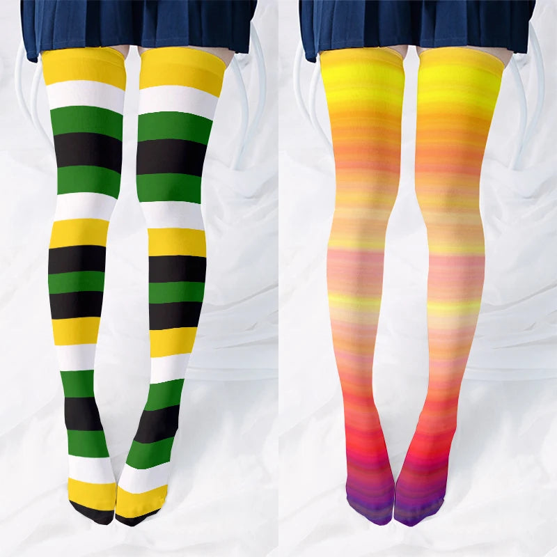 Fun Rainbow Striped Stockings Women's Sexy Fashion Multicolor Thigh Qme
