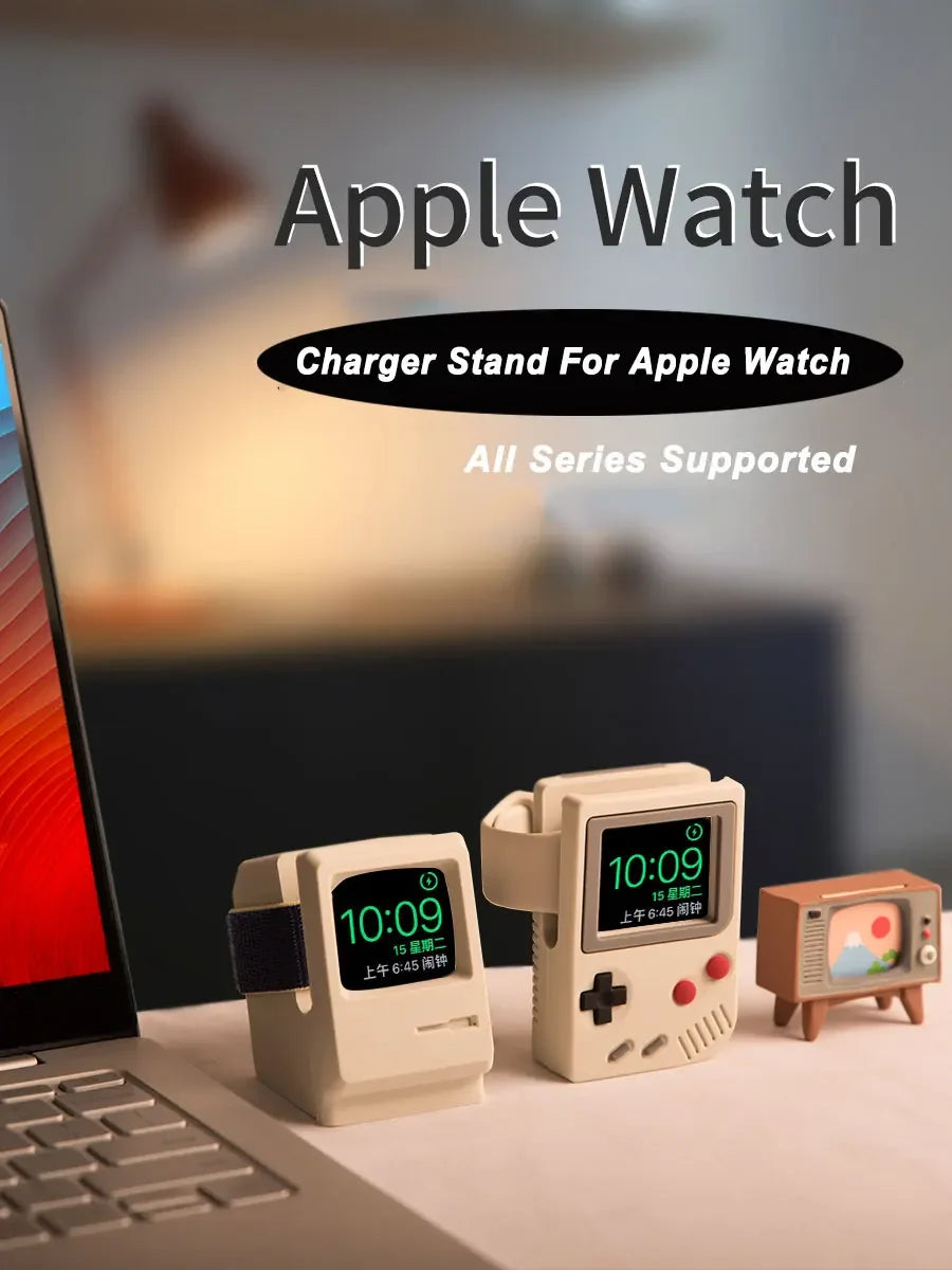 Desktop Holder For Apple Watch Ultra Charger Stand Retro Computer Pattern Charging Base for iWatch 10 9 8 7 6 5 4 3 SE Silicone Qme
