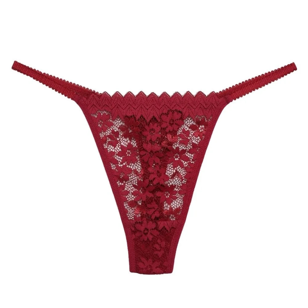 Breathable Mesh Lace Thong Women Low Waist Transparent Flower Briefs Qme Red S 1pc