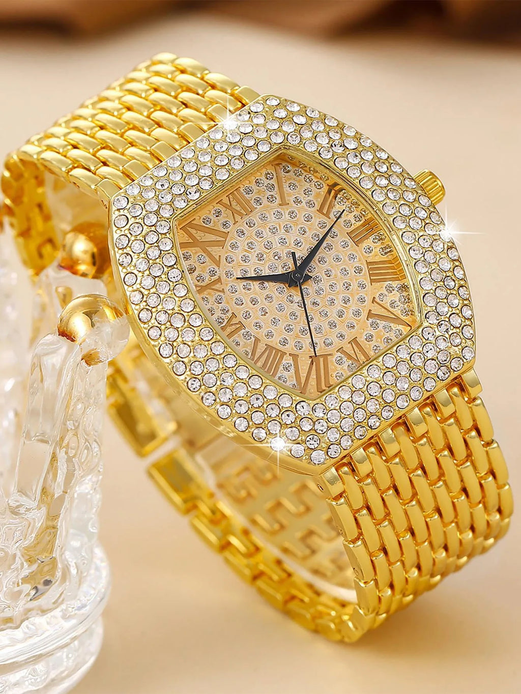 Women Gold Tonneau Watch Full Diamond Bling Roman Dial Stainless Steel Band Quartz Wristwatch Qme