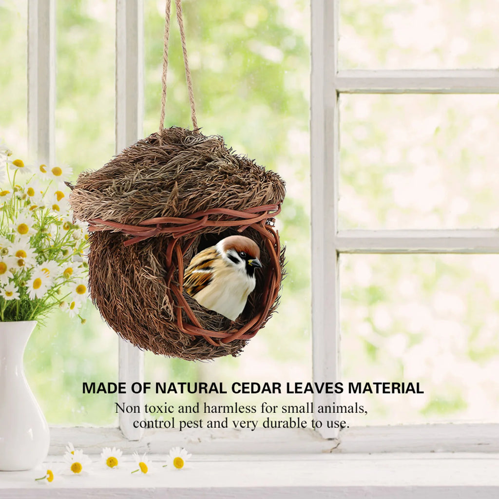 Handmade Woven Bird Nest Cage Hanging Parrot House Hamster Small Pet Nest Cage Natural Straw Bird Hut Home Decor Animal Hideout Qme