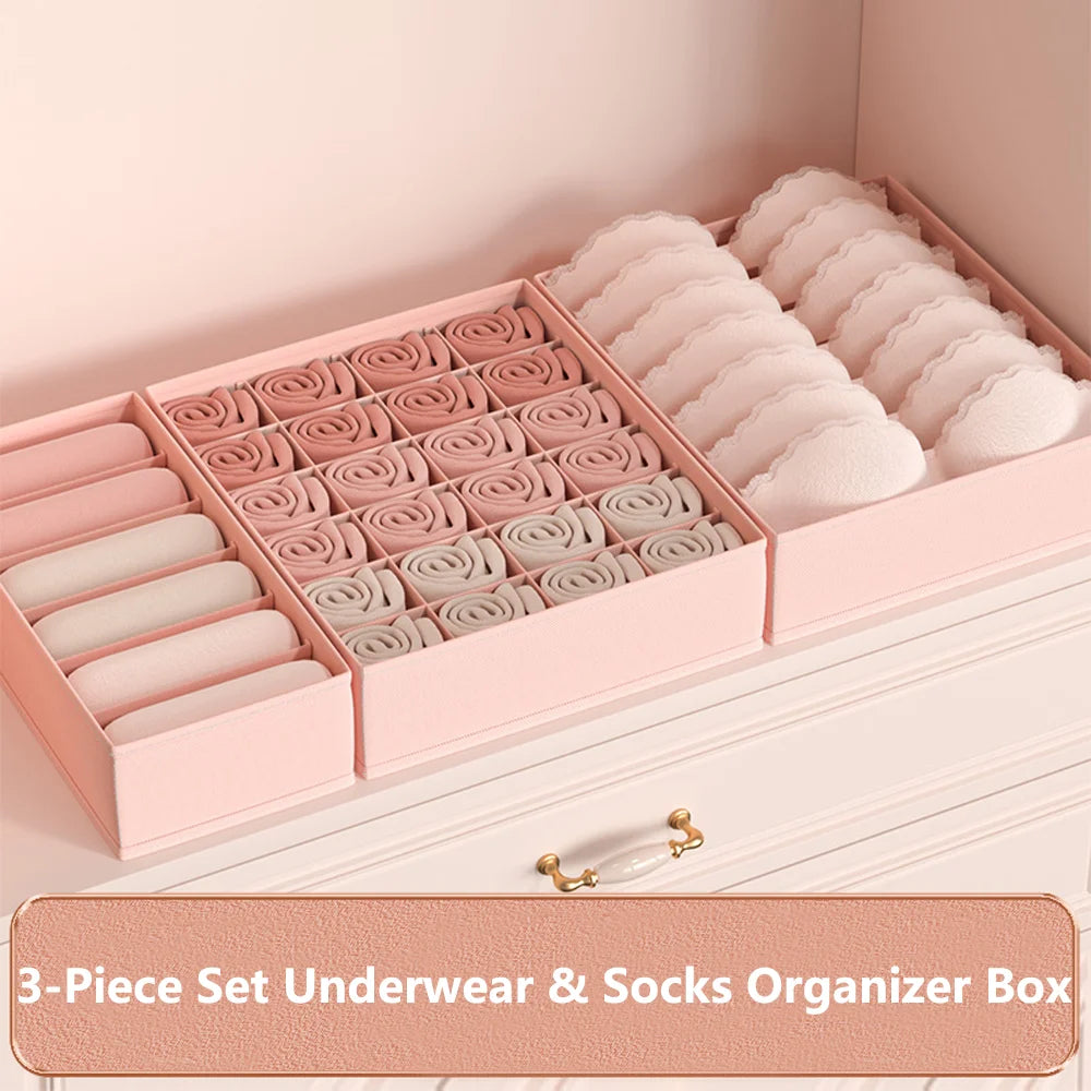 3-Piece Underwear Drawer Organizer Set: Multi-Compartment Storage Box for Bras Panties & Socks | Fits in Dresser Qme Pink 3-Piece Set