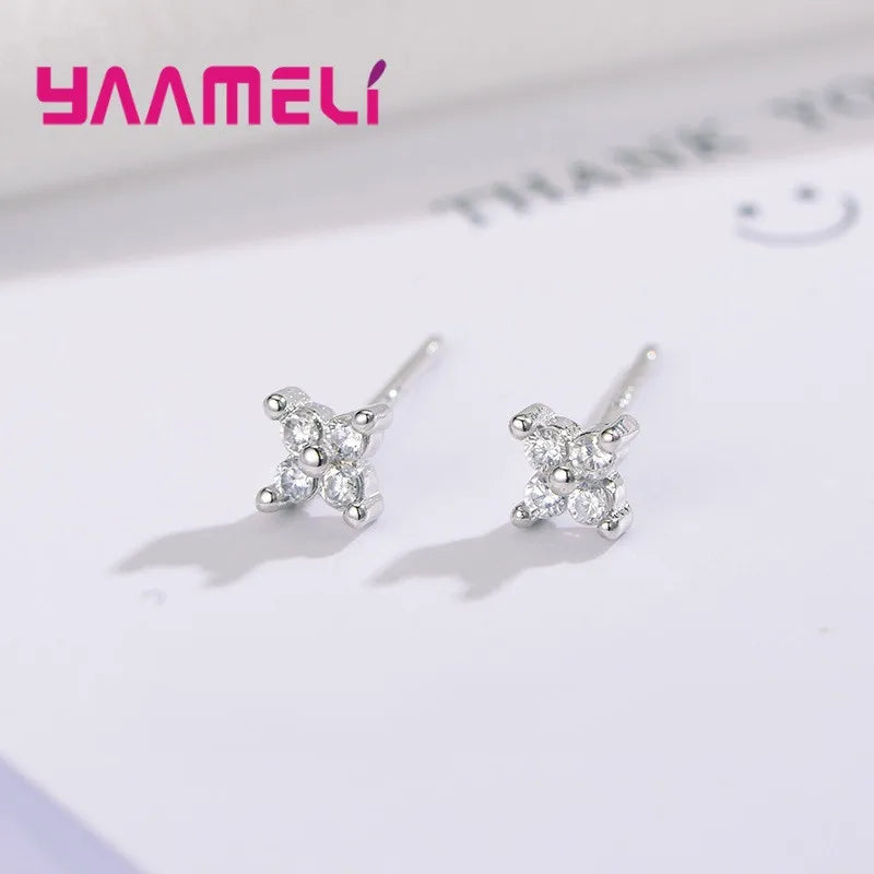 100% Real 925 Sterling Silver Color Clover Stud Earrings Bright Zircon Earrings For Women Girl Fashion Trendy Jewelry Qme