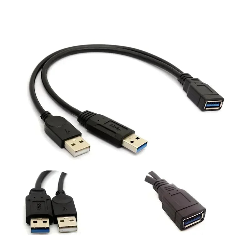 5pc Black USB 3.0 Female To Dual USB Male with Extra Power Data Y Extension Cable for 2.5"Mobile Hard Disk PC Hardware Cables Qme