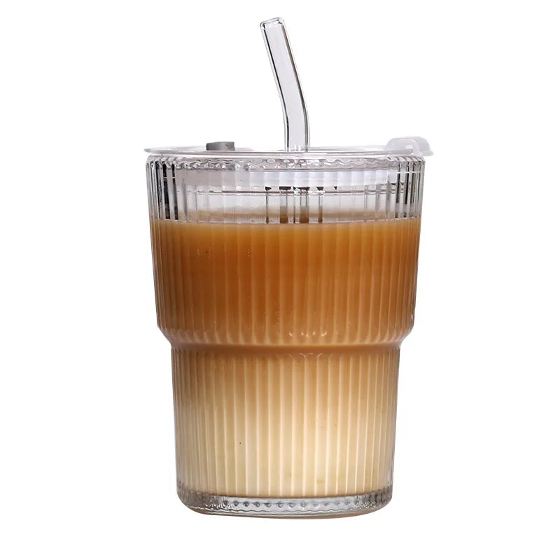 400/600ML Striped Glass Coffee Cup Transparent Drinking Cup with Lid and Straw Large Capacity Juice Iced Coffee Cup Drinking Cup Qme 400ml 400-600ml