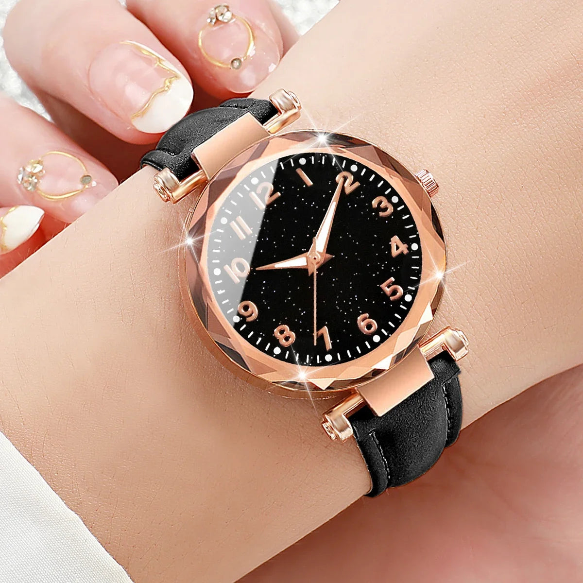 5pçs moda céu estrelado dial relógios femininos simples casual pulseira de couro mulher relógio de quartzo reloj mujer presente Qme 1