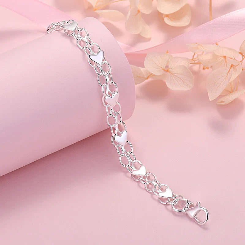 Original Design 925 Sterling Silver /18K gold color Heart Bracelet for Women lover Jewelry Wedding Party Valentine's Day Gifts Qme Silver 20cm 8inches