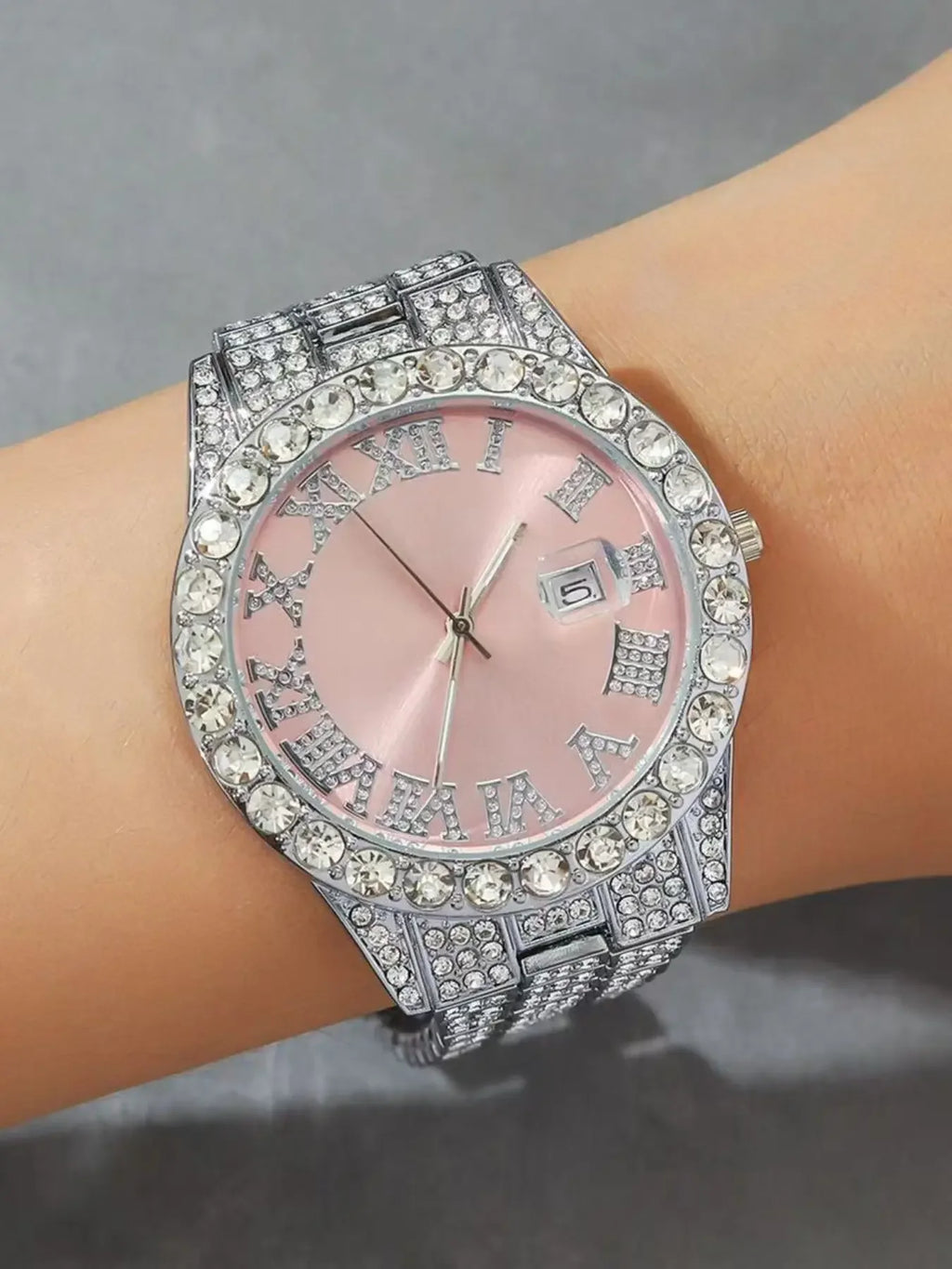 Trendy Silver Plated Full Diamond Women Quartz Watch Multipack Pink White Rhinestone Cuban Bracelet Cross Necklace Street Jewelr Qme