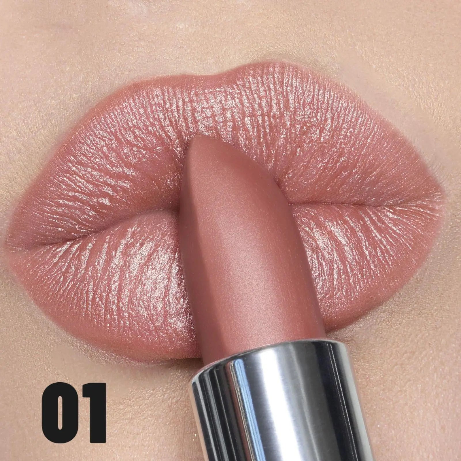 High-Pigment Metallic Lipstick Waterproof Long-Lasting Frosted Bronze with Gold Shimmer Moisturizing Matte Lip Gloss Cosmetics Qme 01
