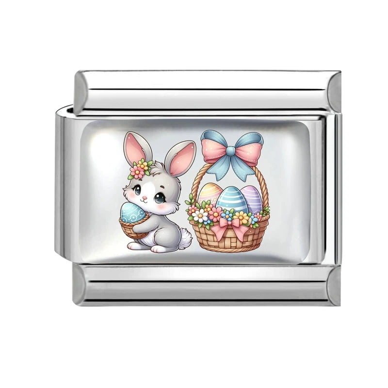 Spring Fashion 1pc Colorful Eggs Rabbit Tulip Easter Italian Link Fit 9mm Bracelet Making DIY Stainless Steel Charm Jewelry Gift Qme Style 29