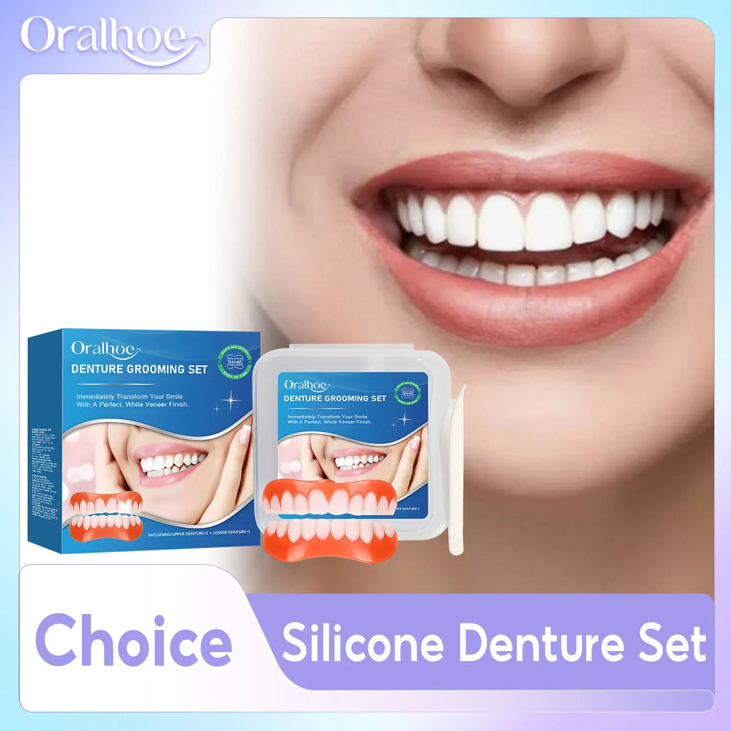 Silicone Dentures Full Set Over Gums Improve Tooth Loss Narrow Gap Perfect Smile False Teeth Kit Upper and Lower Dental Veneers Qme