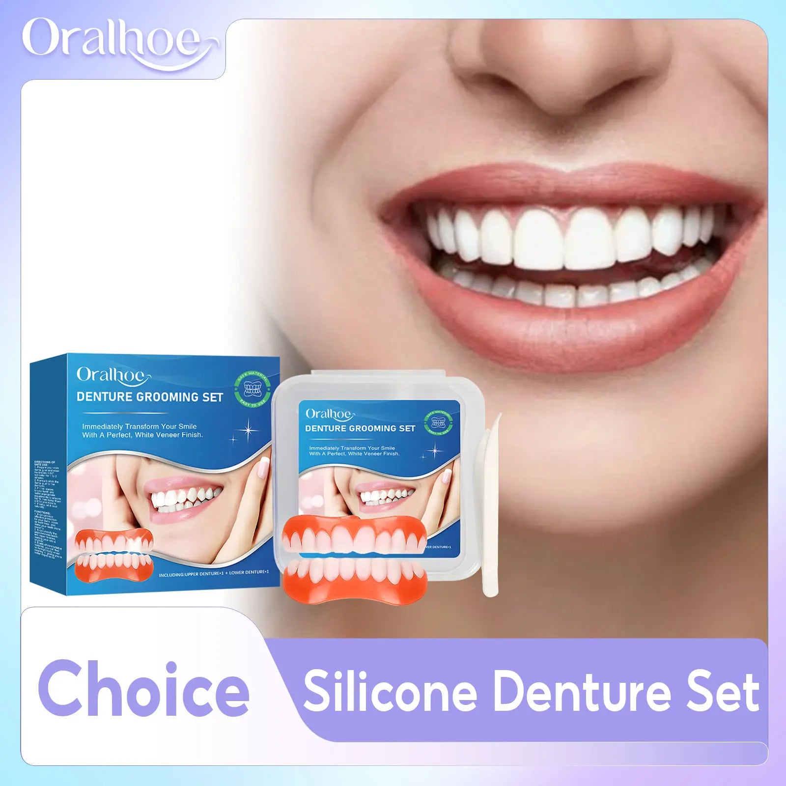 Silicone Dentures Full Set Over Gums Improve Tooth Loss Narrow Gap Perfect Smile False Teeth Kit Upper and Lower Dental Veneers Qme