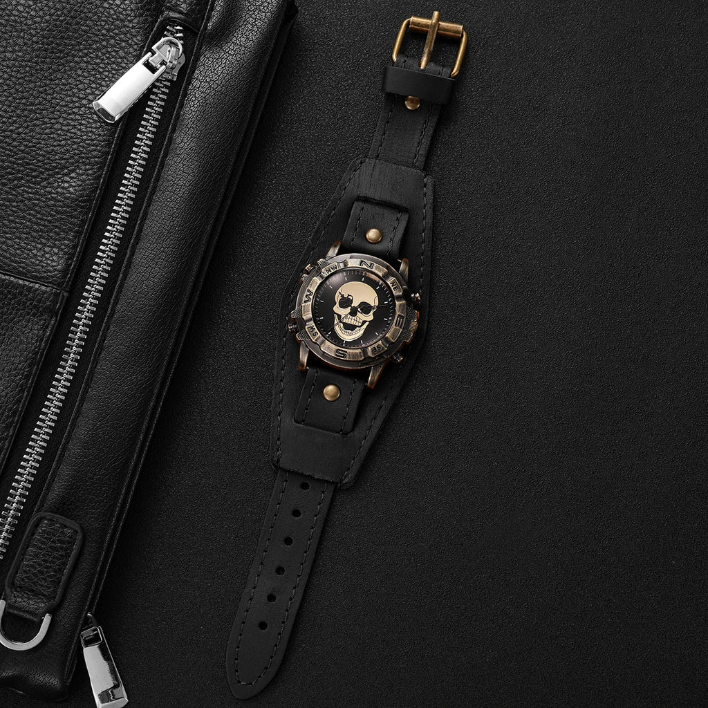 Vintage Skull Men Watch Wide Dark Brown Leather Strap Compass Bezel Punk Style Large Dial Quartz Wristwatch For Male Qme