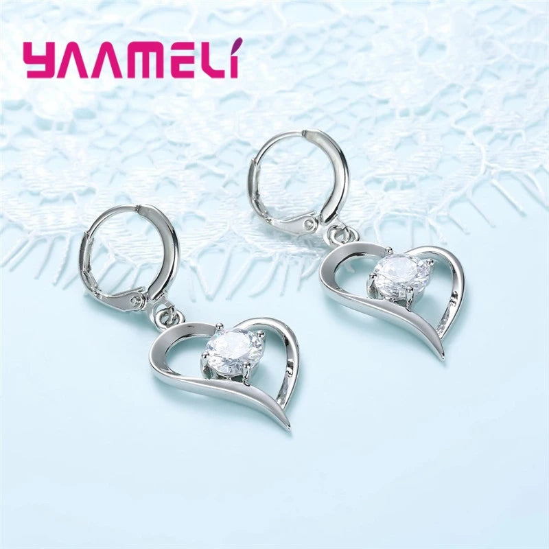 925 Sterling Silver Color Wedding Jewelry Sets for Women Love Heart Hollow Pendants Necklaces Earrings Clear Austrian Crystal Qme