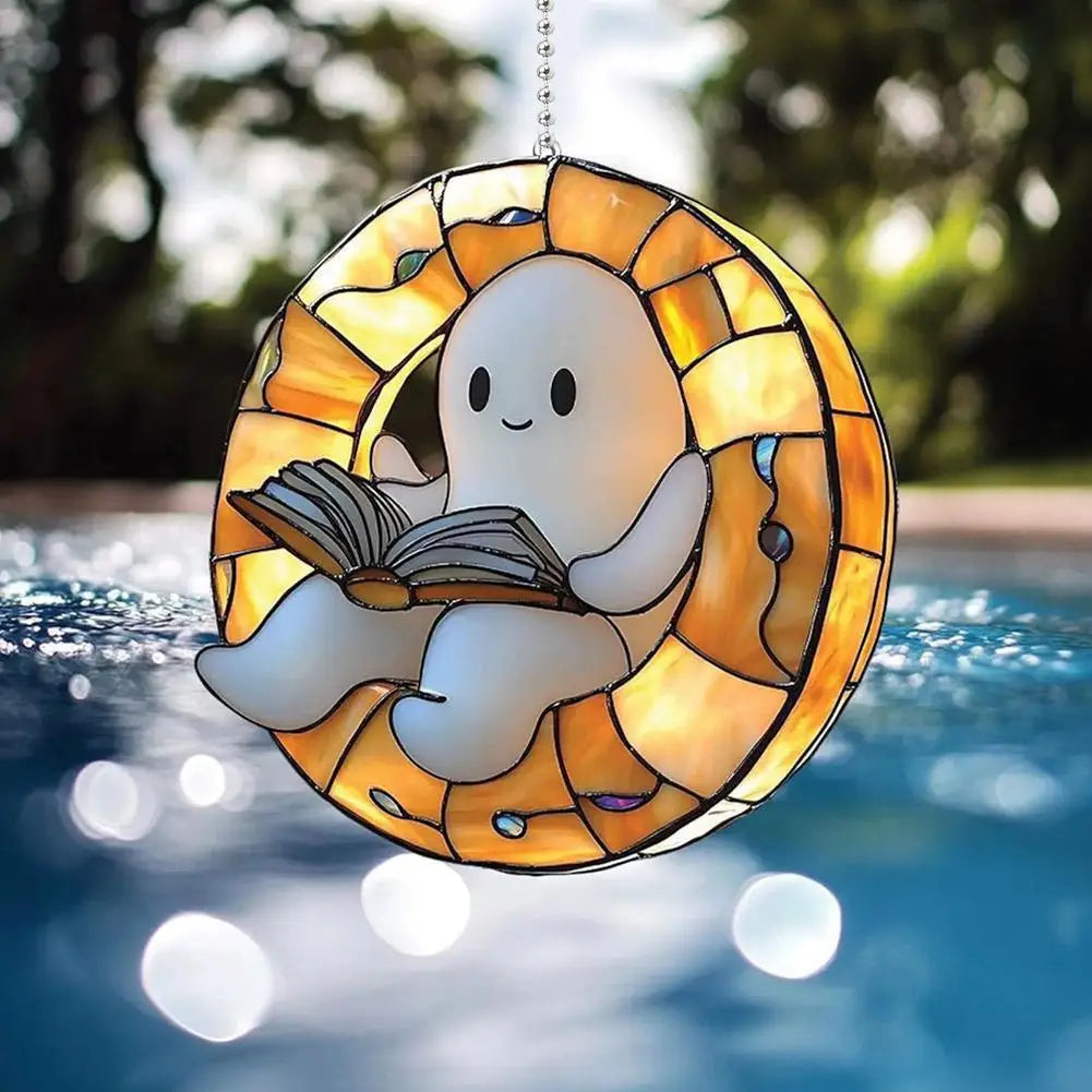 2D Halloween Ghost Reading Book Suncatcher Hanging Decor Acrylic Window Hanging Ornament Colorful Shadow Home Decorations Qme