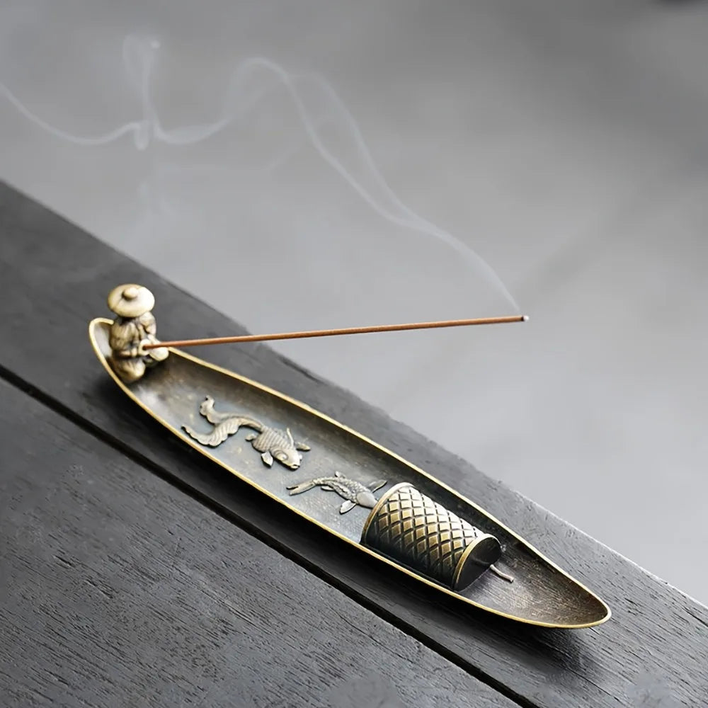 Metal Incense Stick Burner Ancient Style Boat Shape Incense Stick Holder Classical Elegance Aromatherapy Ornament Qme fish