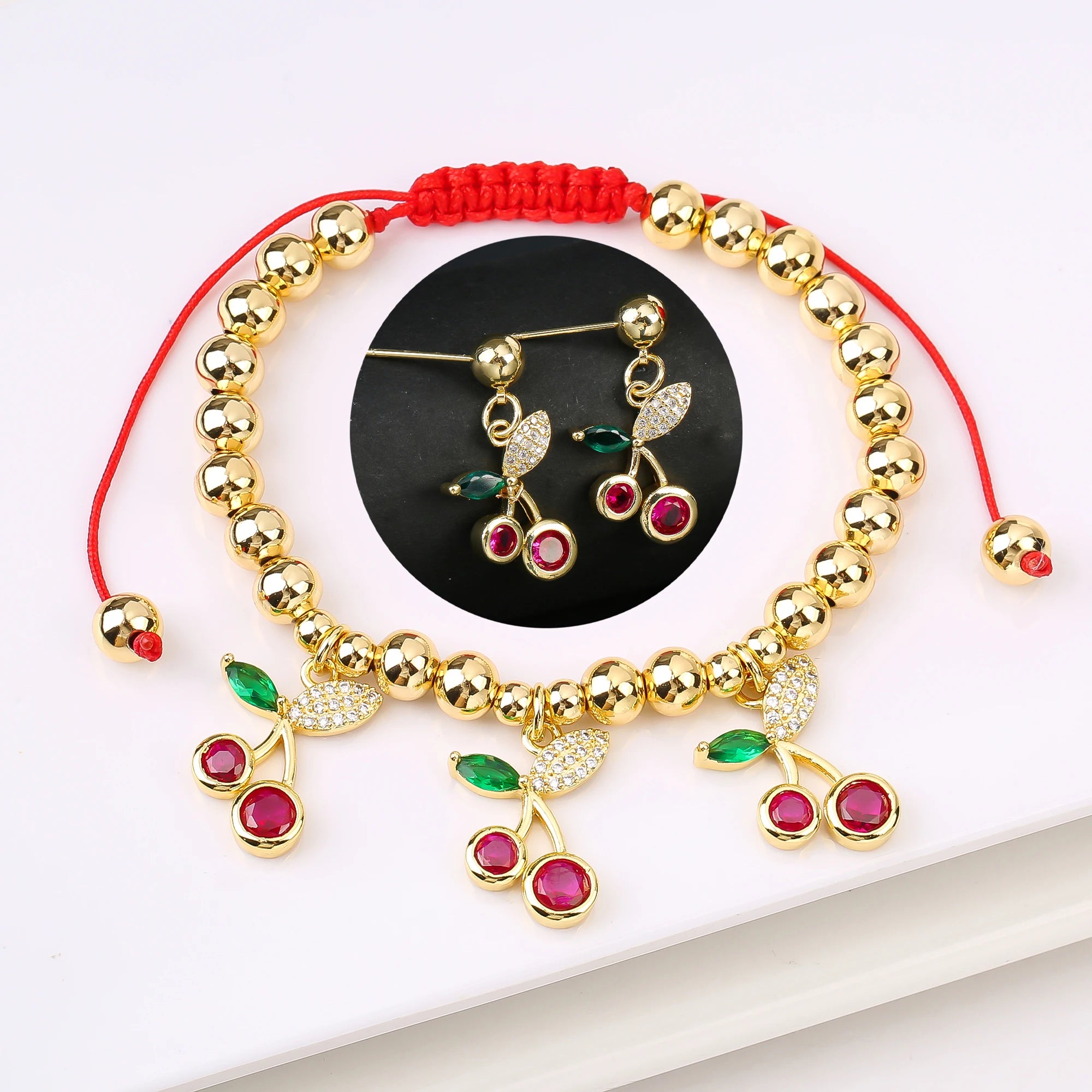 2PCS Trendy Red Cherry Strawberry Bracelet Earring Fruit Set for Women Casual Vacation Zirconia Jewelry Girls Lucky Gift Qme Jewelry Set 1