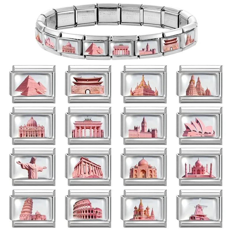 New2026 Hot Fashion Church Tower of Pisa Roman Colosseum Charm Italian Links Fit 9mm Bracelet Stainless Steel Making DIY Jewelry Qme