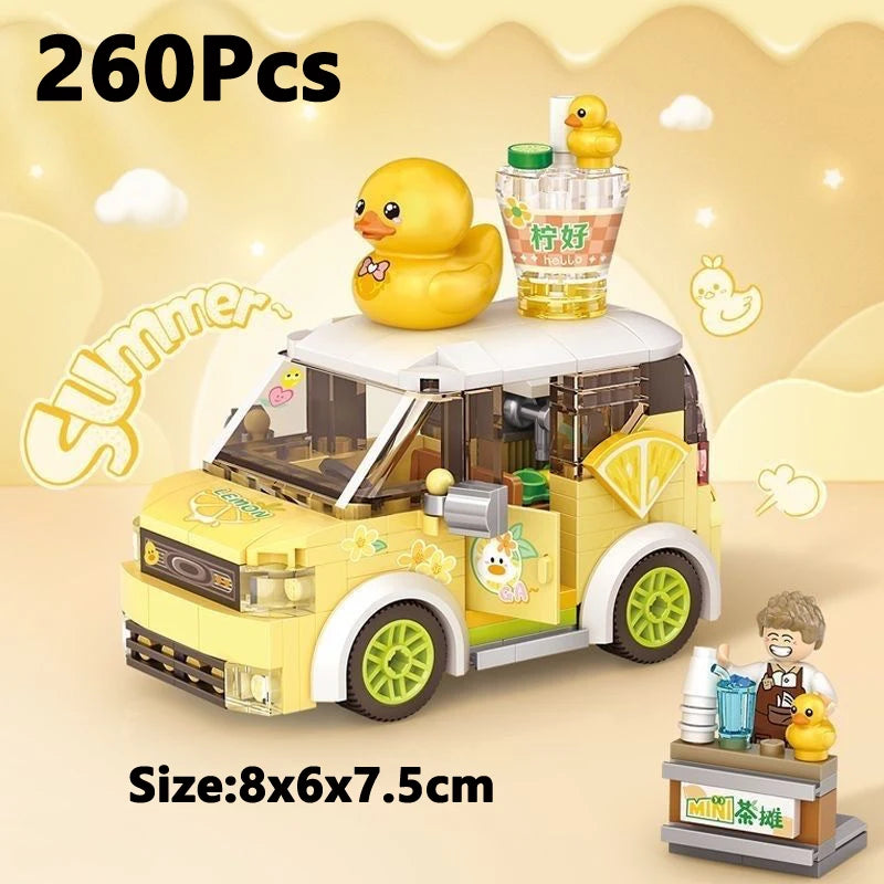 Mini Blocks City Series Street View Cartoon Rabbit Duck FOOD Truck Fruit/Icecream Shop Car Assemble DIY Toys Children Boys Gifts Qme 4209