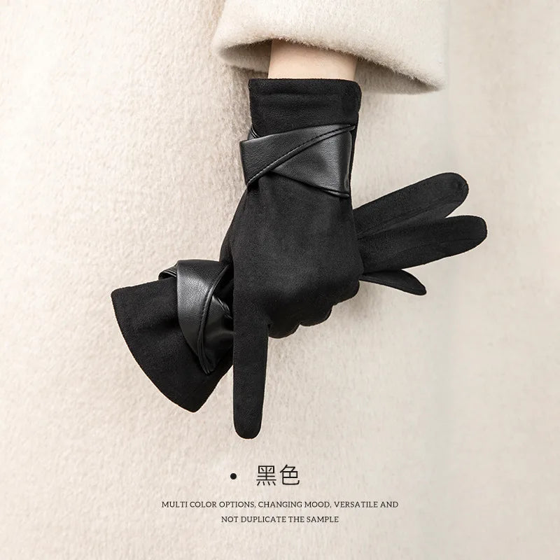 Women's Suede Cold-proof Warm Gloves Velvet Thickened Windproof Bow Qme black